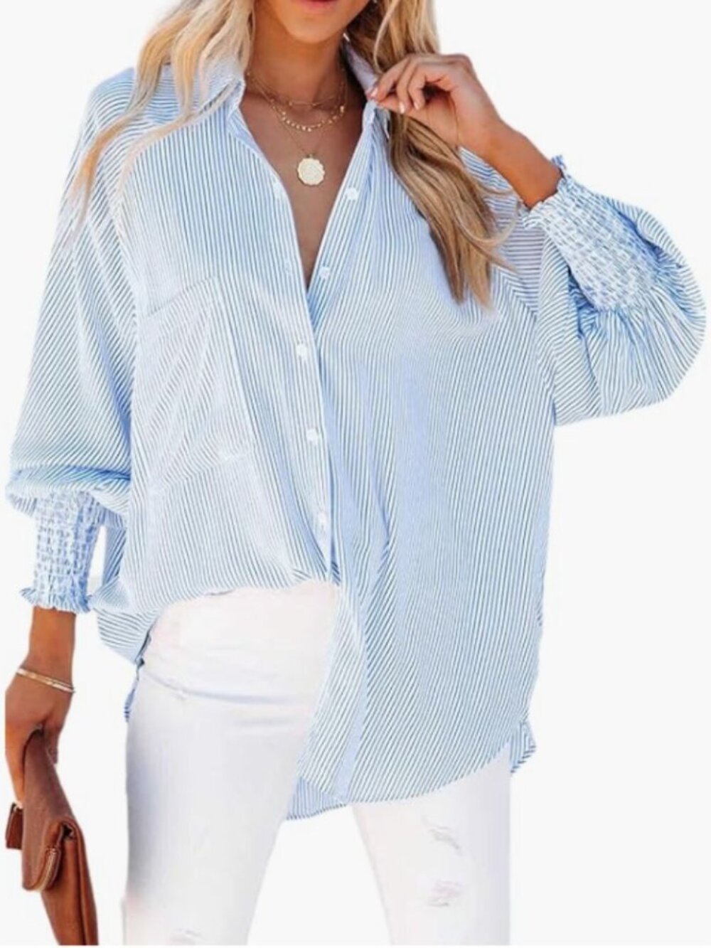 Blue & White Striped Smock Cuffed Boyfriend Shirt